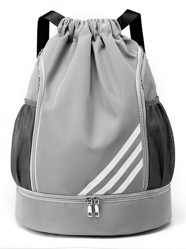 Unisex gym drawstring bag in grey with stylish stripes, perfect for fitness and basketball. Waterproof nylon and ample storage.
